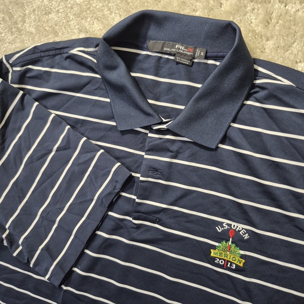 RLX Ralph Lauren Polo Shirt Mens XL Blue Striped US Open Merion 2013 Golf Preppy